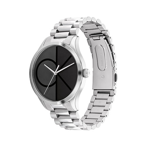 Unisex Silver-Tone Stainless Steel Watch, Black CK Logo Dial