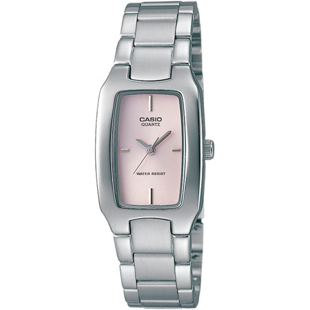 Ladies Silver-tone Stainless Steel Watch, Pink Rectangle Dial
