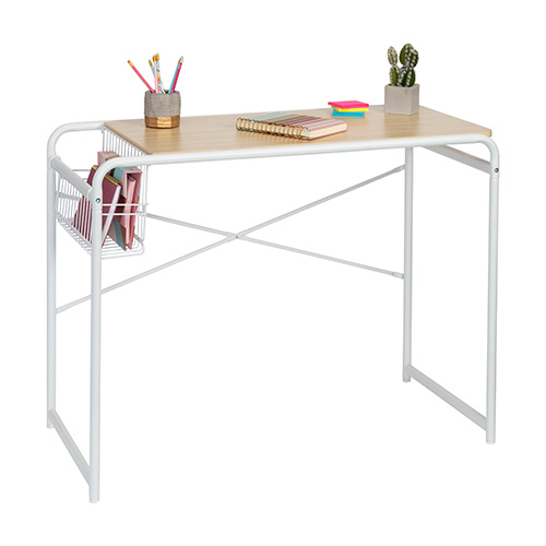 Home Office Computer Desk w/ Side Basket, White